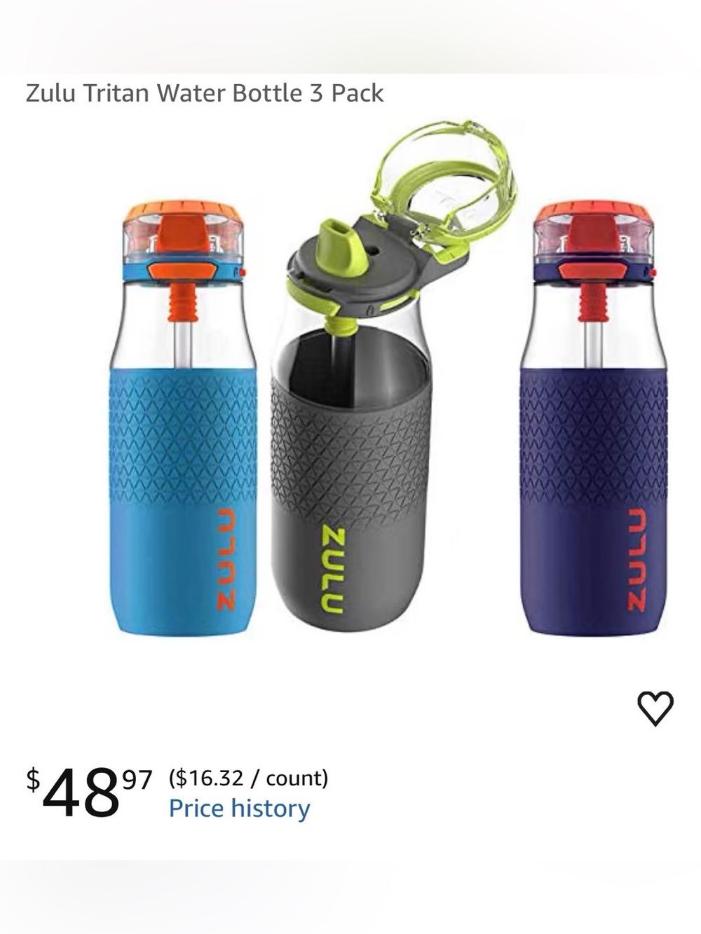ZULU Tritan Water Bottle 3-Pack — Blue, Gray, Purple